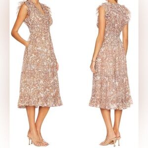Ulla Johnson Blush Tan Paisley Ruffle Midi Dress